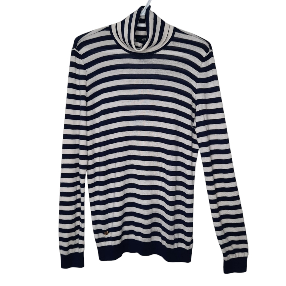 Lauren Ralph Lauren Silk Blend Turtleneck Sweater Nautical Stripe Womens Size L